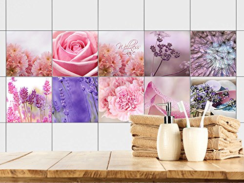 GRAZDesign Fliesenaufkleber Bad Rose Lavendel Blumen lila pink, wasserfest für Bad & Küche, Klebefliesen - Set 10 Stück von GRAZDesign
