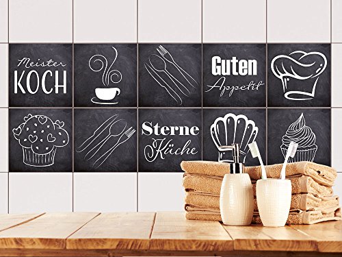 GRAZDesign Fliesenaufkleber Küche Guten Appetit Anthrazit Grau, Klebefolie Klebefliesen, alte Küchenfliesen überkleben, Fliesenbild - 10x10cm / Set 40 Stück von GRAZDesign