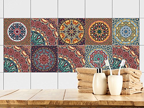 GRAZDesign Fliesenaufkleber Küche Mandala Mosaik, Klebefolie Klebefliesen, Küchenfliesen überkleben, Fliesenbild selbstklebend Fliesenfolie einzeln, glänzende Folie, 15x15cm, Set 10 Stück von GRAZDesign
