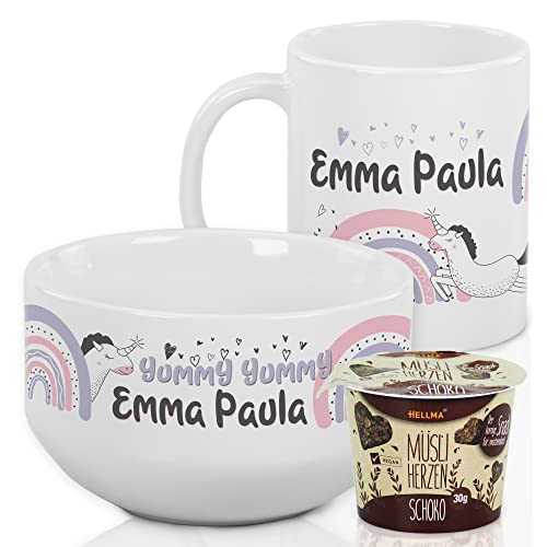 Frühstücksset Kinder personalisiert mit Namen – Einhorn Müslischale mit Tasse aus Keramik - 3-teiliges Geschirrset - Geschenkset für Jungen und Mädchen, spülmaschinengeeignet von GRAZDesign