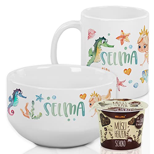 GRAZDesign Frühstücksset Kinder personalisiert mit Namen – Meerjungfrau Müslischale mit Tasse aus Keramik - 3-teiliges Geschirrset - Geschenkset für Jungen und Mädchen, spülmaschinengeeignet von GRAZDesign