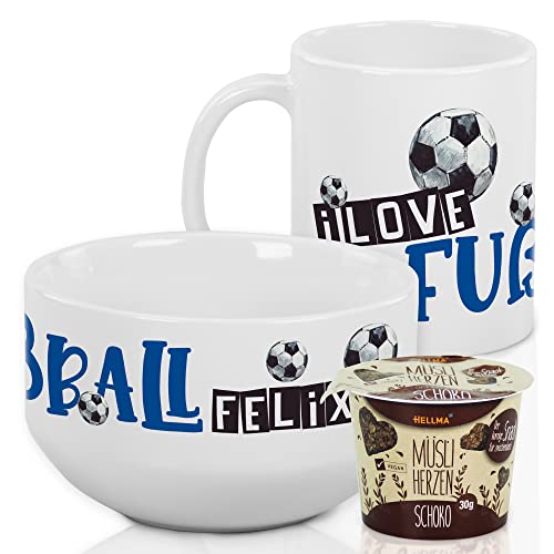 GRAZDesign Kindergeschirr Set | Fussball | Frühstücksset Kinder personalisiert mit Namen Müslischale mit Tasse 3-teiliges Geschirrset - Geschenk Fußballer Frühstücksset aus Keramik) von GRAZDesign