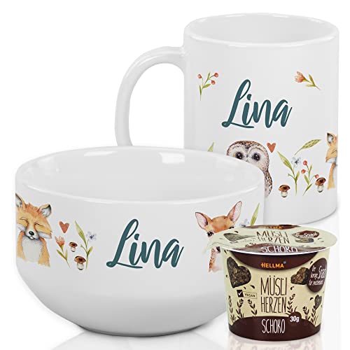 Frühstücksset Kinder personalisiert mit Namen – Waldtiere Müslischale mit Tasse aus Keramik - 3-teiliges Geschirrset - Geschenkset für Jungen und Mädchen, spülmaschinengeeignet von GRAZDesign