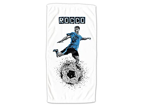 GRAZDesign Fußball Handtuch mit Namen Badetuch für Jungen von 2-10 Jahren Strand-Tuch 100x50cm Fußballer in blau von GRAZDesign
