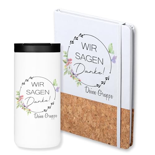 GRAZDesign Abschiedsgeschenk Kita Erzieherin Kaffeebecher & Notizbuch mit Namen personalisiert - zum Abschluss Kindergarten Wir sagen Danke von GRAZDesign