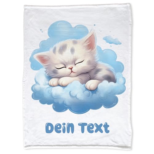 GRAZDesign Babydecke mit Namen personalisiert Katze auf Wolke blau flauschig, Baby Kuscheldecke zur Geburt, Geburtstag, Weihnachten 100x75cm - Kuscheldecke von GRAZDesign