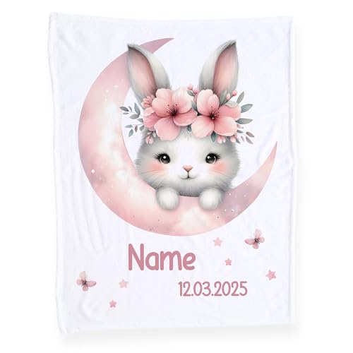 GRAZDesign Babydecke mit Namen und Datum, Weiche Kuscheldecke Hase, Schmusedecke zur Geburt als Geschenk für Mädchen von GRAZDesign
