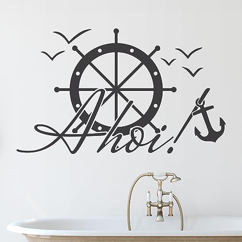 GRAZDesign Wandtattoo Bad Schriftzug Ahoi maritime Deko für Badezimmer Wohnzimmer - 50x30cm / 071 grau von GRAZDesign