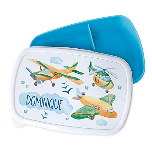 GRAZDesign Brotdose Kinder personalisiert, Lunchbox Kindergarten und Schule, Brotbox in Blau mit Unterteilung, Name und Flugzeuge, Geschenk zu Einschulung von GRAZDesign