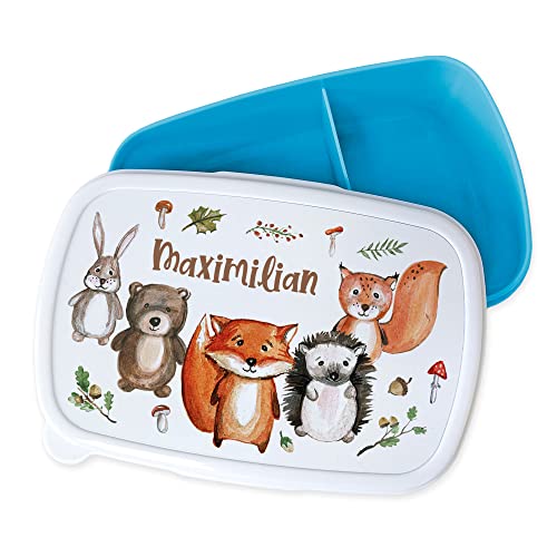 GRAZDesign Brotdose Kinder personalisiert, Lunchbox Kindergarten und Schule, Brotbox in Blau mit Unterteilung, Name und Waldtiere, Geschenk zu Einschulung von GRAZDesign