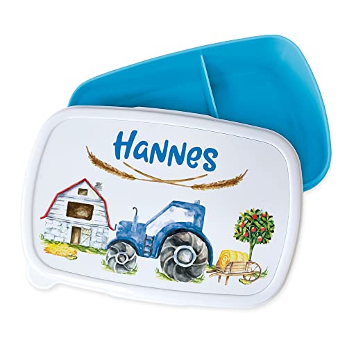 GRAZDesign Brotdose Kinder personalisiert, Lunchbox Kindergarten und Schule, Brotbox in Blau mit Unterteilung, Name und Trecker, Bauernhof, Geschenk zu Einschulung von GRAZDesign