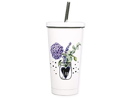 GRAZDesign Cocktailbecher mehrweg mit Deckel, personalisiert mit Namen, Blumen, Feder, Trinkbecher mit Trinkhalm aus Edelstahl, ideal als Geschenk von GRAZDesign