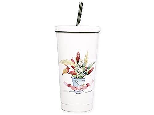 GRAZDesign Cocktailbecher mehrweg mit Deckel, personalisiert mit Namen, Blumen, Trinkbecher mit Trinkhalm aus Edelstahl, ideal als Geschenk von GRAZDesign