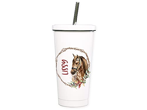 GRAZDesign Cocktailbecher mehrweg mit Deckel, personalisiert mit Namen, Pferd mit Kranz, Trinkbecher mit Trinkhalm aus Edelstahl, ideal als Geschenk von GRAZDesign