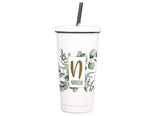GRAZDesign Cocktailbecher mehrweg mit Deckel, personalisiert mit Namen und Buchstabe, Eukalyptus, Trinkbecher mit Trinkhalm aus Edelstahl, ideal als Geschenk von GRAZDesign