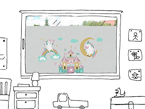 GRAZDesign Fensterfolie Kinderzimmer Mädchen - Einhornland Sichtschutzfolie Blickdicht, Milchglasfolie, 57cm hoch - 80x57cm / Einhorn mit Schloss von GRAZDesign