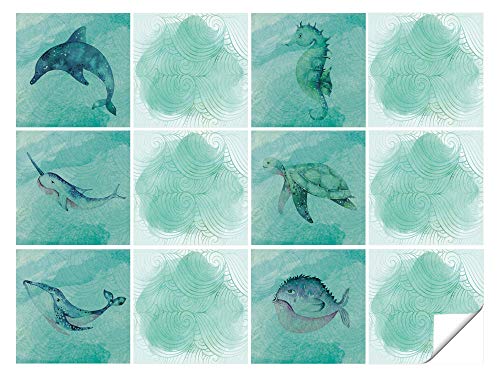 GRAZDesign Fliesenaufkleber Bad Fische Fliesenfolie für Badfliesen Klebefliesen glänzend - Fische mit Grünen Linien von GRAZDesign