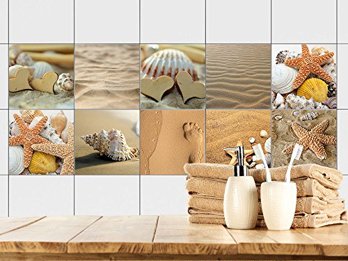 GRAZDesign Fliesenaufkleber Set Sand Strand Meer Urlaub, wasserfest für Bad & Küche, Klebefliesen - Set 30 Stück von GRAZDesign