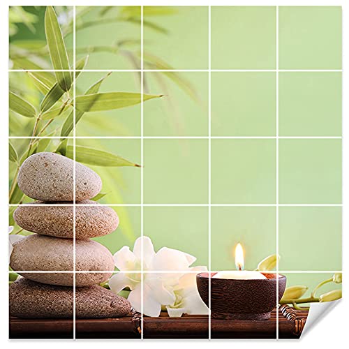 GRAZDesign Fliesenaufkleber Bad Wandfliesen selbstklebend, Wellness Grün Klebefliesen - 20x20cm / Wellness Steine mit Kerze von GRAZDesign