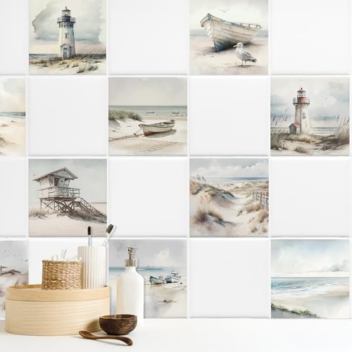 GRAZDesign Fliesenaufkleber Bad & Küche, maritim Leuchtturm Strand Watercolor, Klebefliesen selbstklebend - 10x10cm / 10 Stück von GRAZDesign