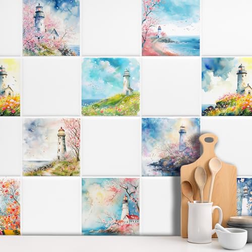 GRAZDesign Fliesenaufkleber Bad & Küche, maritim Leuchtturm mit Blumen Watercolor, Klebefliesen selbstklebend - 20x25cm / 10 Stück GRAZDesign Fliesenaufkleber Bad & Küche, maritim Leuchtturm mit Blumen Watercolor, Klebefliesen selbstklebend - 20x25cm / 10 Stück von GRAZDesign