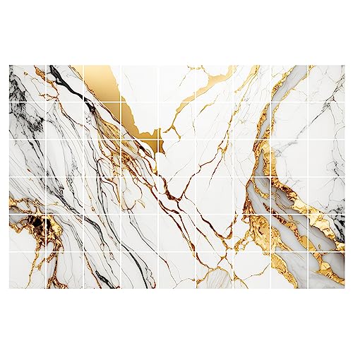 GRAZDesign Fliesenaufkleber Bad & Küche | 10x10cm - 54 Stück | Marmor mit Goldadern in weiß wasserfeste & selbstklebende Klebefliesen | Fliesenfolie 90x60cm von GRAZDesign