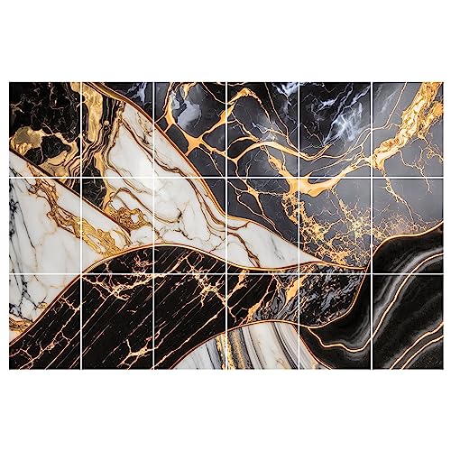 GRAZDesign Fliesenaufkleber Bad & Küche | 15x20cm - 18 Stück | Marmor schwarz weiß mit gold | wasserfeste selbstklebende Klebefliesen Fliesenfolie 90x60cm von GRAZDesign