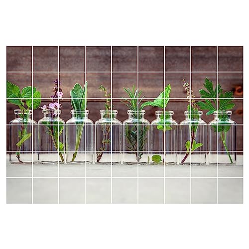 GRAZDesign Fliesenaufkleber Küche | 10x10cm - 54 Stück | Kräuter mit Öl Holz Optik | wasserfeste selbstklebende Klebefliesen Fliesenfolie Fliesenbi (Kräuter im Glas auf Holz) von GRAZDesign