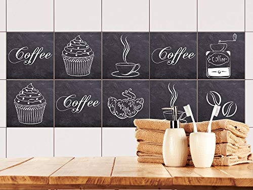 GRAZDesign Fliesenaufkleber Küche Kaffee Motive grau, Klebefolie Klebefliesen, alte Küchenfliesen überkleben, selbstklebend - Set 40 Stück von GRAZDesign