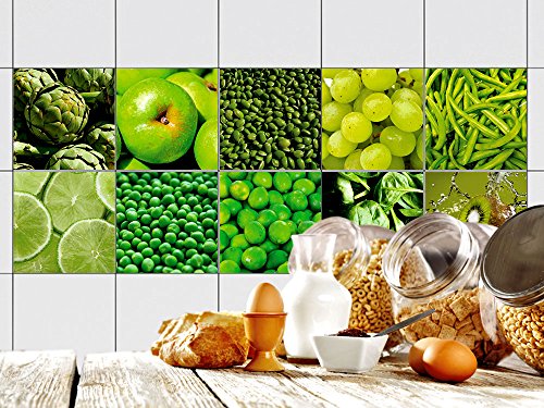 GRAZDesign Fliesenaufkleber Küche Apfel Artischocken Kiwi Limette grün, Klebefliesen Wandfliesen selbstklebend - Set 10 Stück von GRAZDesign