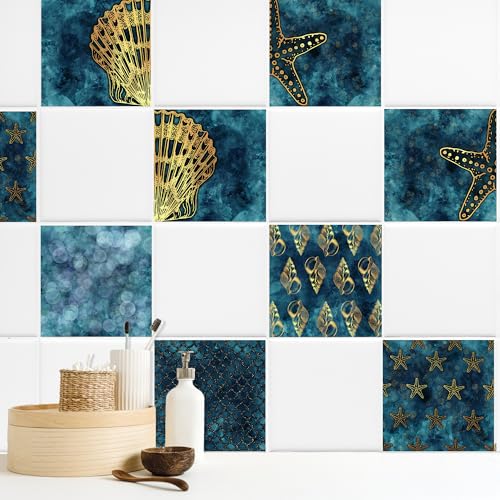 GRAZDesign Fliesenaufkleber Muscheln Blau Gold Bad Badezimmer, Fliesenbilder Set selbstklebend - 15x20cm / 40 Stück GRAZDesign Fliesenaufkleber Muscheln Blau Gold Bad Badezimmer, Fliesenbilder Set selbstklebend - 15x20cm / 40 Stück von GRAZDesign