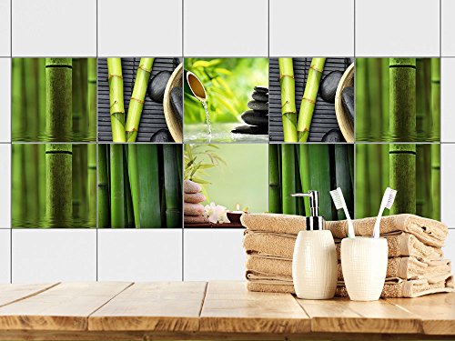 GRAZDesign Fliesenaufkleber Set Bambus Steine Relax, wasserfest für Bad & Küche, Klebefliesen - Set 10 Stück von GRAZDesign