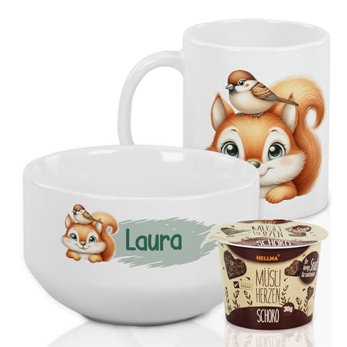 GRAZDesign Frühstückset Tasse mit Müslischale personalisiert für Kinder Eichhörnchen Motiv aus Keramik - Geschenkset GRAZDesign Frühstückset Tasse mit Müslischale personalisiert für Kinder Eichhörnchen Motiv aus Keramik - Geschenkset von GRAZDesign