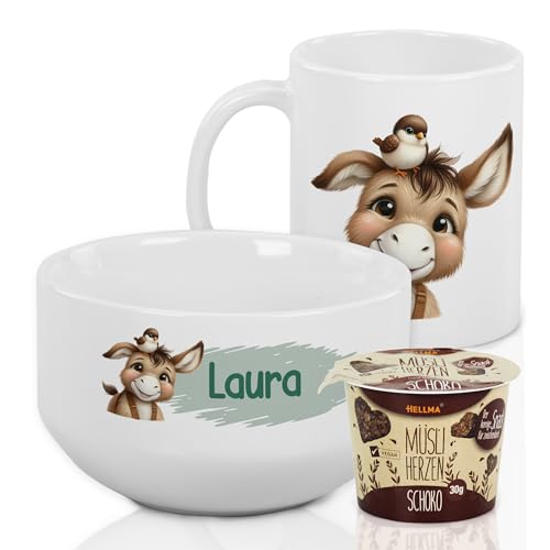 GRAZDesign Frühstückset Tasse mit Müslischale personalisiert für Kinder Esel Motiv aus Keramik - Geschenkset von GRAZDesign