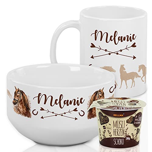 GRAZDesign Frühstücksset Kinder personalisiert mit Namen – Pferd Müslischale mit Tasse aus Keramik - 3-teiliges Geschirrset - Geschenkset für Jungen und Mädchen, spülmaschinengeeignet von GRAZDesign