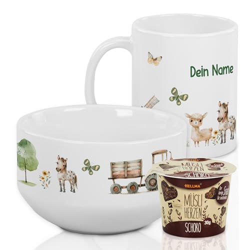 GRAZDesign Frühstücksset Müslischale mit Tasse Bauernhof für Kinder mit Namen personalisiert Keramik (Motiv 3, Geschenkset) von GRAZDesign