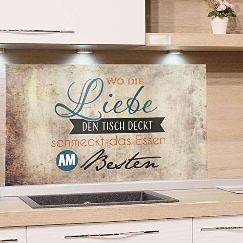 GRAZDesign Spritzschutz Küche Glasrückwand braun, Rückwand Küche Spruch, Spüle & Herd Schutz mit Spruch Liebe den Tisch deckt, Küchenrückwand Glas braun / 60x40cm von GRAZDesign