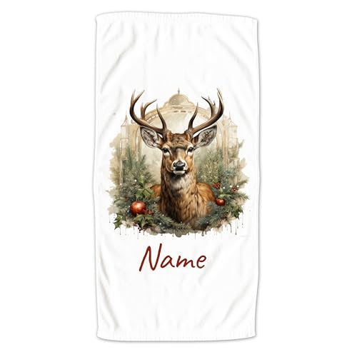 GRAZDesign Handtuch Hirsch mit Namen personalisiert - Skandinavisch Wald auf Badetuch, Saunatuch - mit Tiermotiv, Wandriss - 140x70cm von GRAZDesign