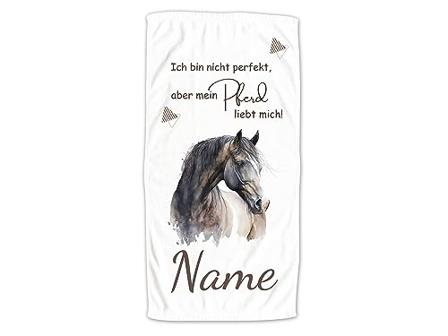 GRAZDesign Handtuch Pferd mit Namen Personalisiert Badetuch, Badehandtuch Kinder 140x70cm | Duschtuch Strandtuch Pferde Mädchen Geschenk Reiten Spruch: Ich Bin Nicht perfekt, Aber Mein Pferd von GRAZDesign