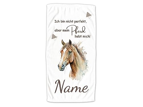 GRAZDesign Handtuch Pferd mit Namen Personalisiert Badetuch, Badehandtuch Kinder 140x70cm | Duschtuch Strandtuch Pferde Mädchen Geschenk Reiten Spruch: Ich Bin Nicht perfekt, Aber Mein Pferd von GRAZDesign