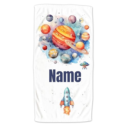 GRAZDesign Handtuch Planeten Jungen mit Namen personalisiert, Weltall Badetuch in Zwei Größen - 140x70cm von GRAZDesign