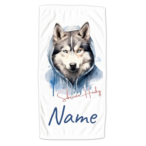 GRAZDesign Handtuch mit Hund und Namen personalisiert Siberian Husky auf Duschtuch, Badetuch in Zwei Größen - 140x70cm von GRAZDesign
