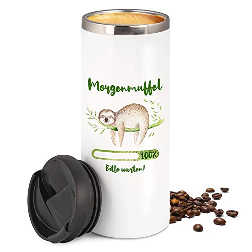 GRAZDesign Kaffeebecher Thermos Lustig, Morgenmuffel mit Faultier, Coffee to go Becher, Geschenk für Mama, Freundin, Kollegin, 450 ml Travel Mug Weiß von GRAZDesign