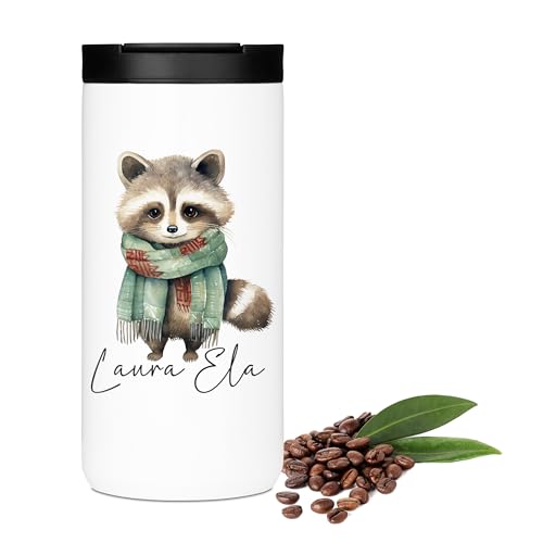 GRAZDesign Kaffeebecher Waschbär mit Namen personalisiert - zu Weihnachten, Thermobecher Edelstahl 400 ml von GRAZDesign