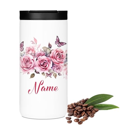 GRAZDesign Kaffeebecher personalisiert mit Namen - Schmetterling Blumen - Geschenk beste Freundin, Mama, Oma, Chefin, Kollegin, Edelstahl 400ml von GRAZDesign