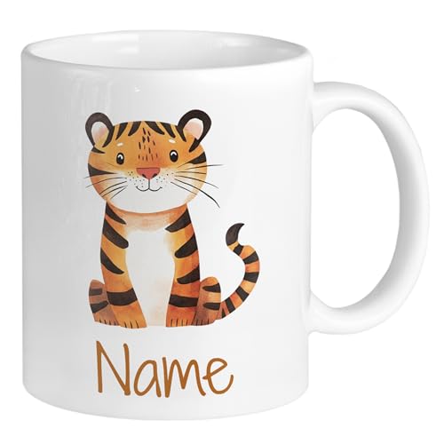 GRAZDesign Kinderbecher personalisiert mit niedlichem Tiger-Design und Name - Tasse für Kindergeburtstage Keramik 330ml von GRAZDesign