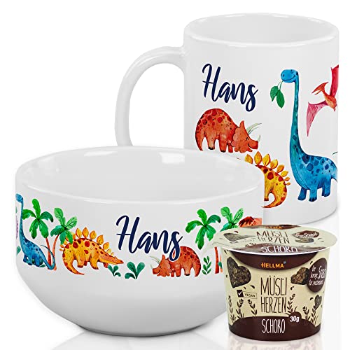 GRAZDesign Kindergeschirr Set Dinosaurier Frühstücksset Kinder personalisiert mit Namen – Müslischale mit Tasse aus Keramik - 3-teiliges Geschirrset - Geschenkset von GRAZDesign