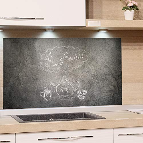 GRAZDesign Küchen Spritzschutz Glas Grau Küchen Herd Bild-Motiv Spruch auf Steinoptik Granit Guten Appetit - Glasbild als Küchenrückwand - Küchenspiegel / 80x50cm von GRAZDesign