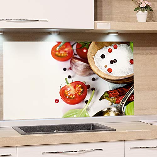 GRAZDesign Küchenrückwand Glas-Bild Spritzschutz Herd | Druck hinter Glas | Bild Motiv Gewürze und Tomaten Rückwand Küche, Glasplatte mit Motiv Küchenmotive, 80x60cm von GRAZDesign