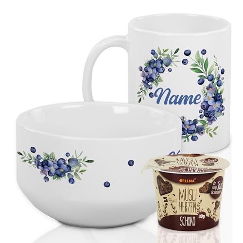 GRAZDesign Müslischale mit Tasse Set mit Namen personalisiert, Beeren und Blumen, Geschirr aus Keramik inkl. Geschenkbox und Müsli von GRAZDesign